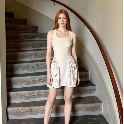 Sexy and fashionable waist-hugging suspender dress with pure floral print