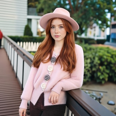 Chic button 3d flower knitted cardigan sweater jacket - Thumbnail 5