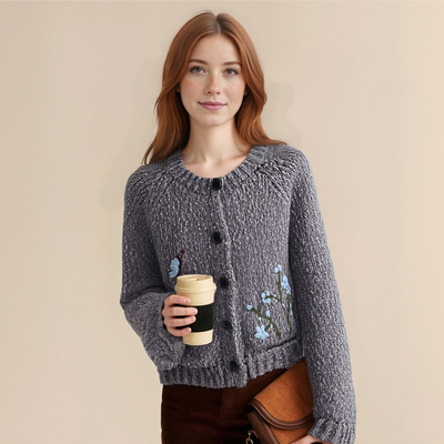 Fashionable hand-embroidered knitted cardigan sweater jacket - Thumbnail 5
