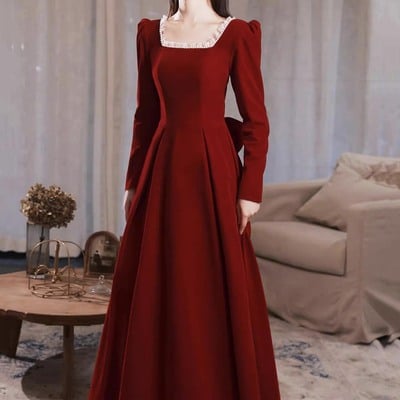 Burgundy velvet long sleeve floor length prom party dress - Thumbnail 1