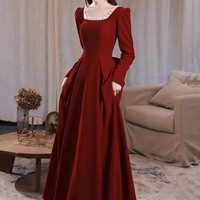 Burgundy Velvet Long Sleeve Floor Length Prom Party Dress - Thumbnail 1