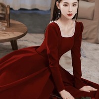 Burgundy Velvet Long Sleeve Floor Length Prom Party Dress - Thumbnail 2
