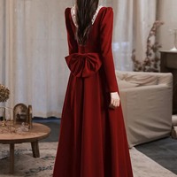 Burgundy Velvet Long Sleeve Floor Length Prom Party Dress - Thumbnail 3