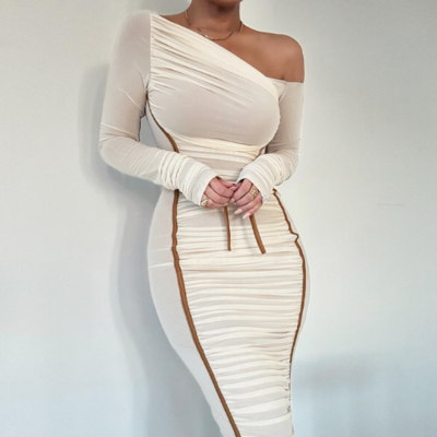 Women's solid color long sleeved splicing fashion dress