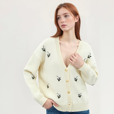 Retro v-neck single-breasted knitted embroidered cardigan sweater - Thumbnail 4