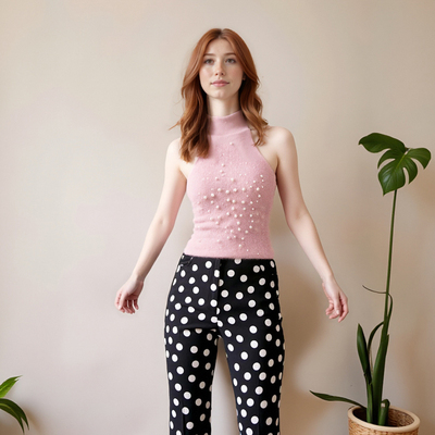 Halter neck knitted vest with faux pearls and faux fur effect