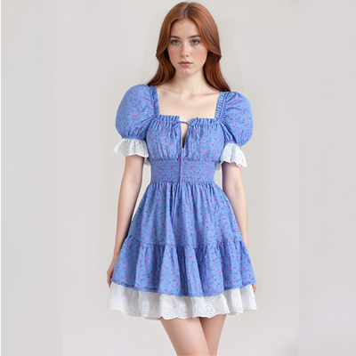 Retro floral square neck sexy lace splicing elastic waist tutu dress