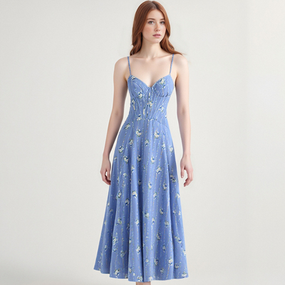 Romantic pastoral style retro blue small chrysanthemum mid-length dress women's suspender dress - Thumbnail 2
