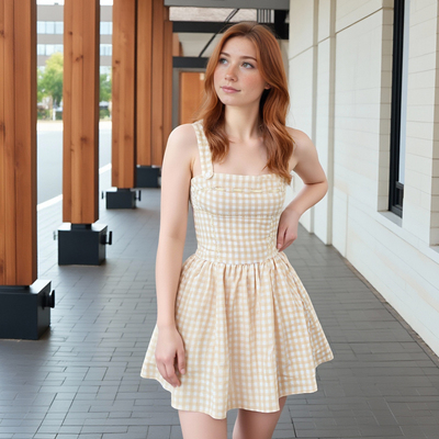 Sweet beige plaid short suspender a-line dress - Thumbnail 2