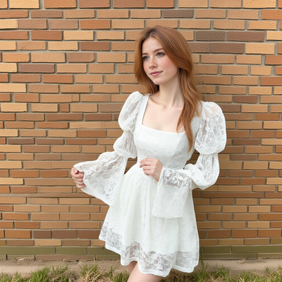 White lace flared long-sleeved square-neck dress with a slim waist and a-line skirt - Thumbnail 1