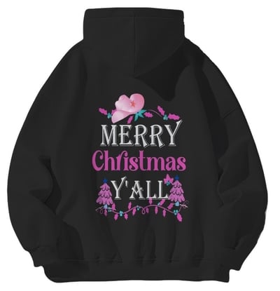 Merry Christmas Y'all Hoodie - Southern Christmas Hoodie - Cowgirl Holiday Sweatshirt - Pink Cowboy Hat Festive Pullover 