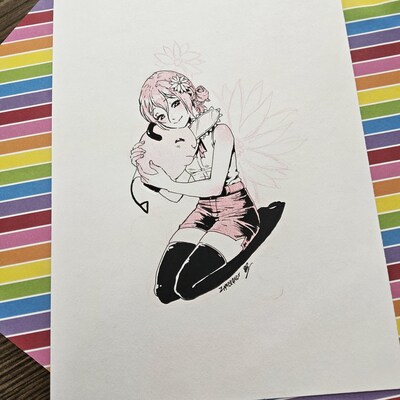 7 x 10 inch Puppy cuddling original pencil and ink piece 