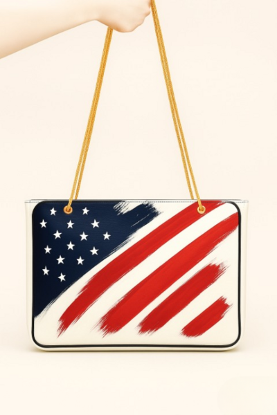 Crafted Leather Classic and Luxury Design American Flag Handbag, Patriotic USA Red White Blue Abstract Print Canvas 