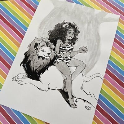 7 x 10 inch lion girl original ink piece 