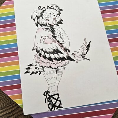 7 x 10 inch bird girl original pencil and ink piece 