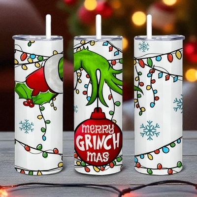 Merry grinchmas tumbler - grinch hand christmas lights 20oz skinny tumbler with lid and straw - holiday tumbler