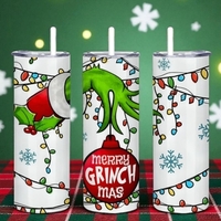 Merry Grinchmas Tumbler - Grinch Hand Christmas Lights 20oz Skinny Tumbler with Lid and Straw - Holiday Tumbler - Thumbnail 1