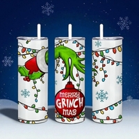 Merry Grinchmas Tumbler - Grinch Hand Christmas Lights 20oz Skinny Tumbler with Lid and Straw - Holiday Tumbler - Thumbnail 2