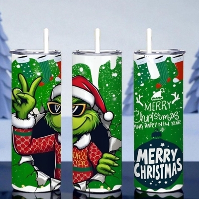 Merry christmas grinch tumbler - cool grinch with sunglasses 20oz skinny tumbler with lid and straw - funny holiday cup-