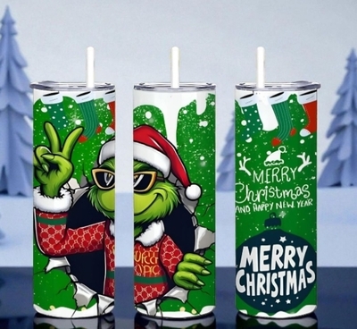 Merry Christmas Grinch Tumbler - Cool Grinch with Sunglasses 20oz Skinny Tumbler with Lid and Straw - Funny Holiday Cup-