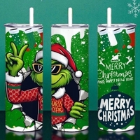 Merry Christmas Grinch Tumbler - Cool Grinch with Sunglasses 20oz Skinny Tumbler with Lid and Straw - Funny Holiday Cup- - Thumbnail 1