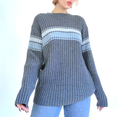 Stripe contrast color print sweater 