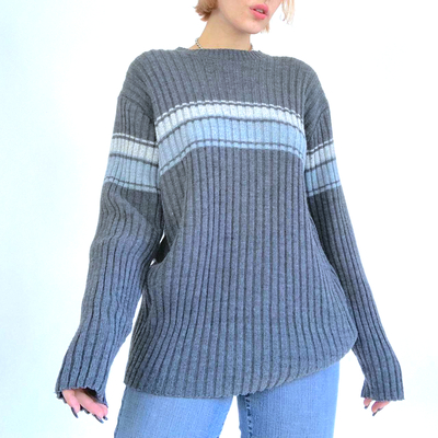 STRIPE CONTRAST COLOR PRINT SWEATER 