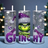 Grinchy Tumbler - Sparkly Purple Glitter Grinch 20oz Skinny Tumbler with Lid and Straw - Diamond Bling Christmas Cup - Thumbnail 1