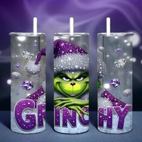 Grinchy Tumbler - Sparkly Purple Glitter Grinch 20oz Skinny Tumbler with Lid and Straw - Diamond Bling Christmas Cup - Thumbnail 2