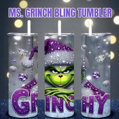 Grinchy tumbler - sparkly purple glitter grinch 20oz skinny tumbler with lid and straw - diamond bling christmas cup