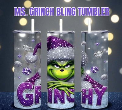 Grinchy Tumbler - Sparkly Purple Glitter Grinch 20oz Skinny Tumbler with Lid and Straw - Diamond Bling Christmas Cup