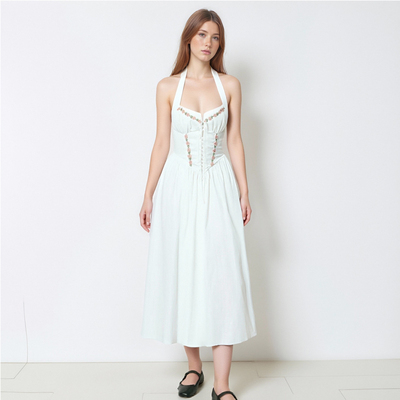Temperament embroidered bow sexy strappy backless halter neck tube top sundress dress