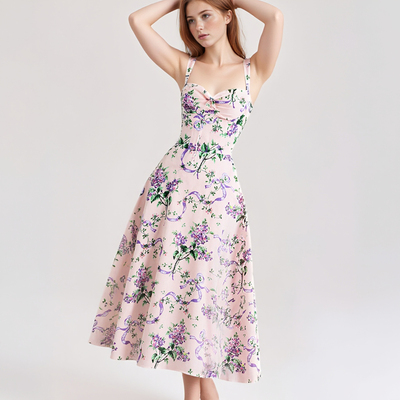 Sweet floral print suspender dress with waist-hugging A-line midi skirt