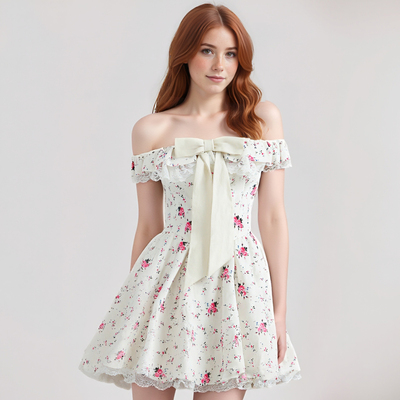Sweet one-shoulder bow floral lace waist dress