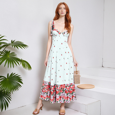 White floral contrast bow tie sundress waist dress - Thumbnail 3