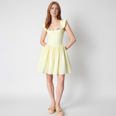 Sweet Flying Sleeves Herringbone Embroidered Square Neck Mini Dress