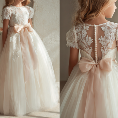  ivory and pink sash short sleeve simple flower girl dress brithday party kids skirt princess cloting 