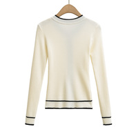 Gentle and elegant casual color-blocked striped round neck button-down long-sleeved knit sweater - Thumbnail 1