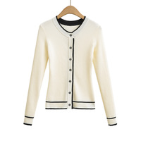 Gentle and elegant casual color-blocked striped round neck button-down long-sleeved knit sweater - Thumbnail 2