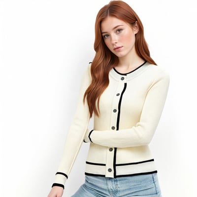 Gentle and elegant casual color-blocked striped round neck button-down long-sleeved knit sweater - Thumbnail 1