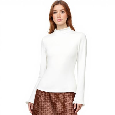 Lace-trimmed round neck long-sleeved slim-fit base layer t-shirt