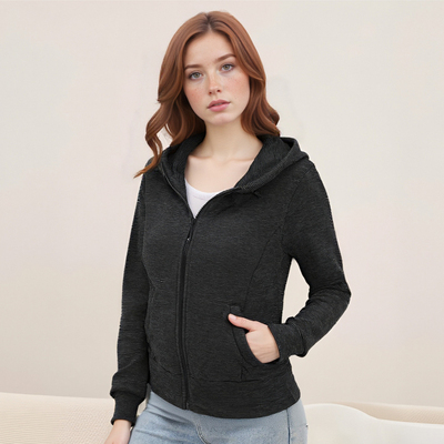 Autumn and winter warm fleece-lined patchwork zip-up long-sleeved coat with hood