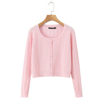 Gentle and feminine round neck single-breasted long-sleeved knit sweater - Thumbnail 5