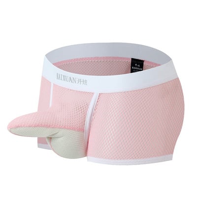 Pink men's sexy underwear lingerie mesh holes jj separator youth physiological boxer briefs kx015pj - Thumbnail 1