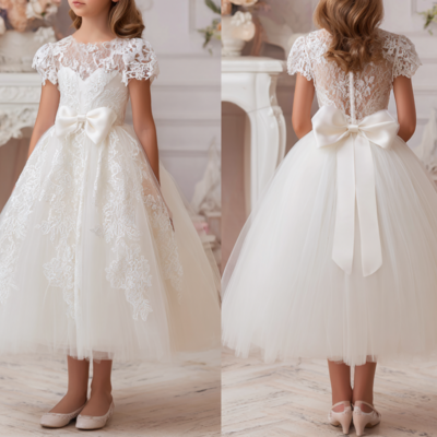 White short sleeve lace flower girl dress brithday party kids skirt princess cloting  - Thumbnail 1