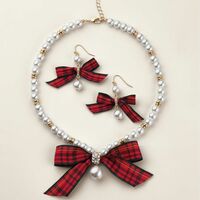 Plaid & Pearly Festive Bow Necklace and Earring Set - Thumbnail 1