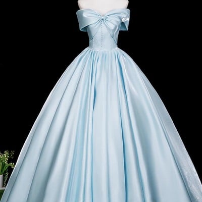 Blue satin long a-line prom formal dress - Thumbnail 1