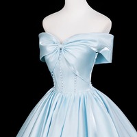 Blue Satin Long A-Line Prom Formal Dress - Thumbnail 1