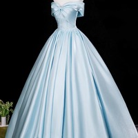 Blue Satin Long A-Line Prom Formal Dress - Thumbnail 2
