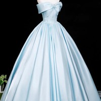 Blue Satin Long A-Line Prom Formal Dress - Thumbnail 3